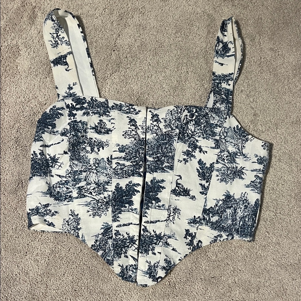 size medium windsor blue patterned lace up corset cropped tank top with tie
